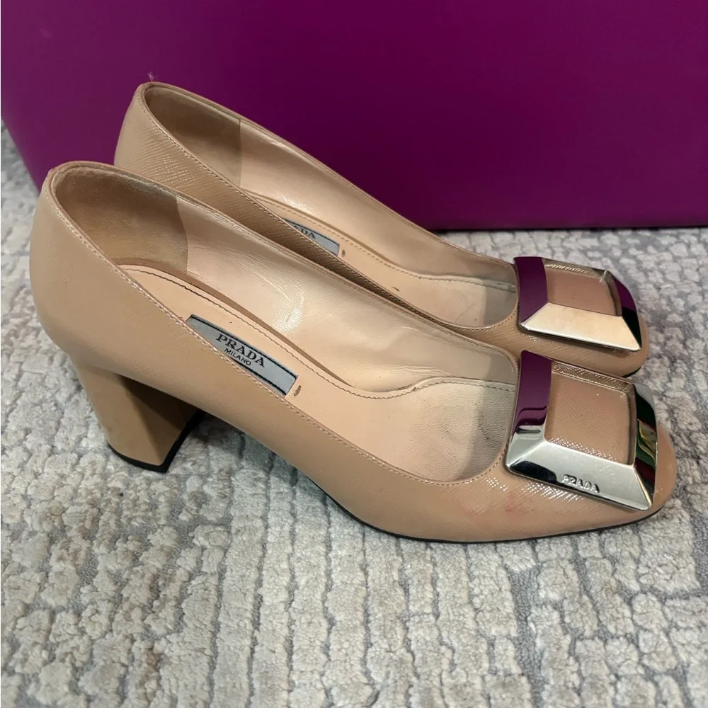 Prada Beige women’s  Leather Heels with silver buckle Accent - Picture 5 of 5